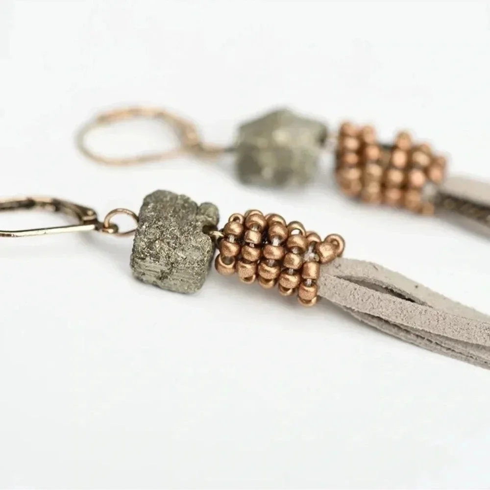 1 LEFT! Hematite Nugget Leather Fringe Earrings